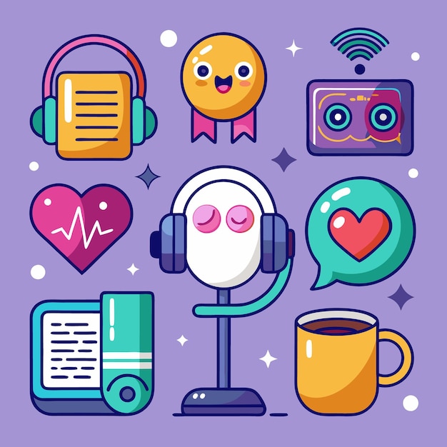 Vector set of cute icons for podcasting radio and audio content