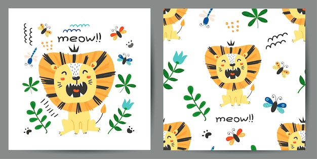 Set of cute illustration and seamless pattern with lions