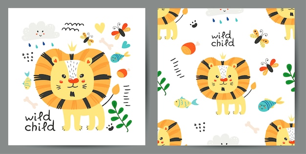 Set of cute illustration and seamless pattern with lions