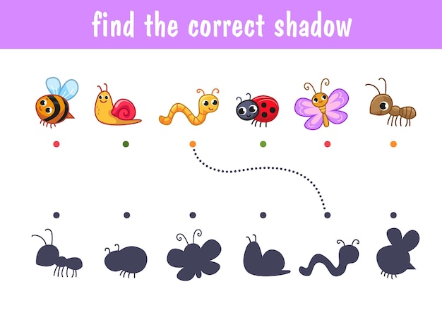 Set of cute insects bee worm ant butterfly dragonfly bee snail Find correct shadow Educational game