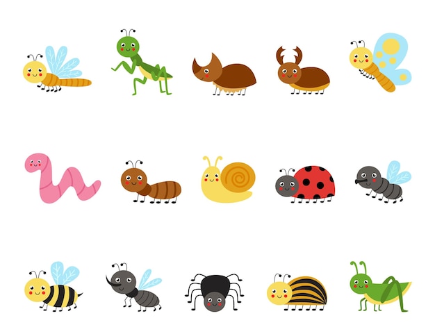 Set of cute   insects in cartoon style. Collection of childish illustrations.