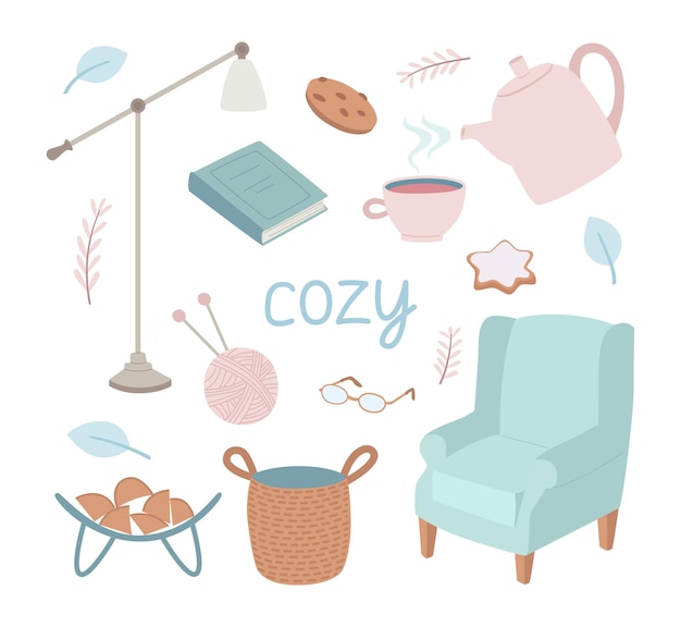 Set of cute interior items is an armchair, a floor lamp, books, a kettle, a basket and others.