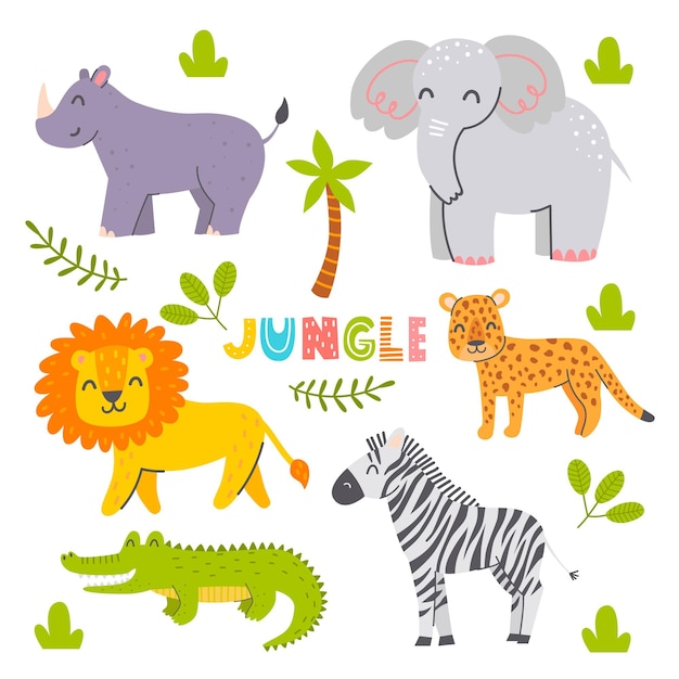 Set of cute jungle animals Characters for kids Vector childish illustration