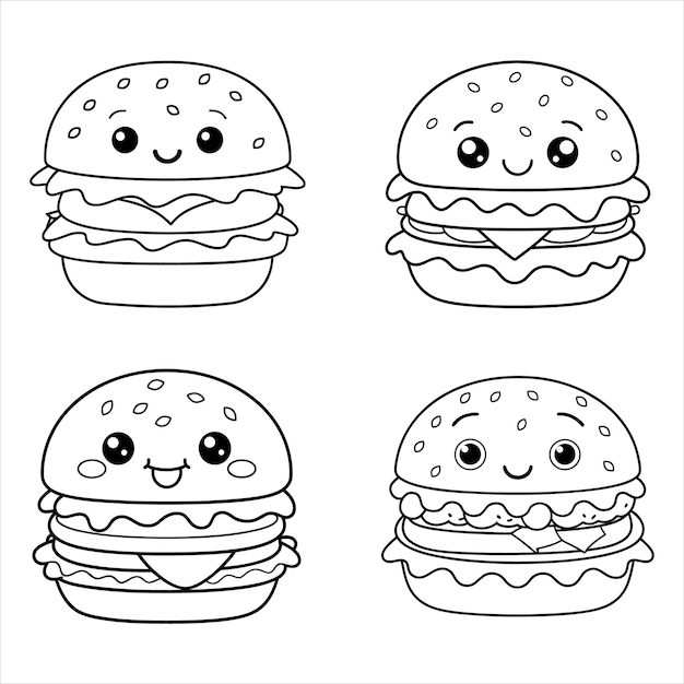 Set of Cute Kawaii Burger Coloring Pages A Fun Collection of Adorable and Playful Burger