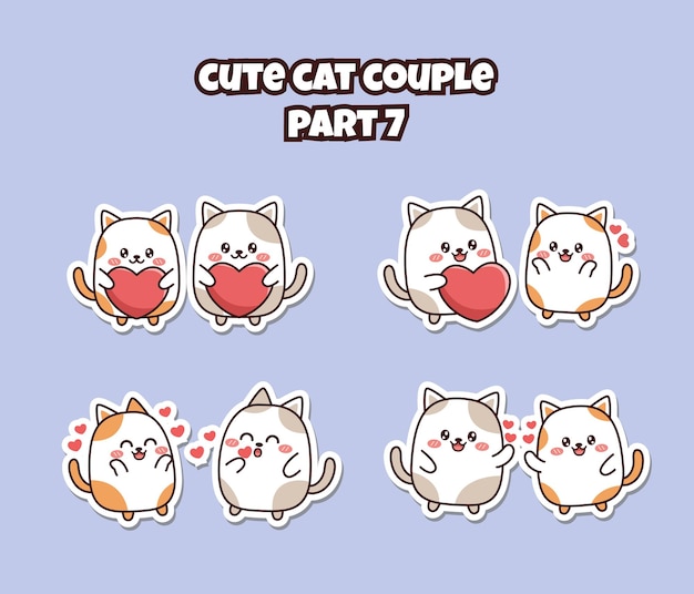 Set of cute kawaii couple little cat for social media sticker emoji falling in love emoticon