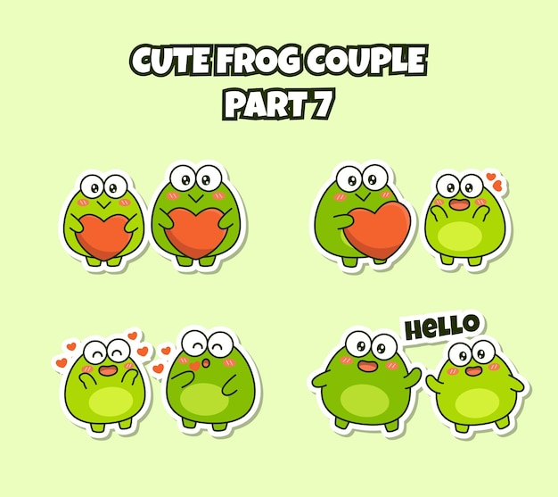 Set of cute kawaii couple little frog sticker emoji falling in love and say hello emoticon