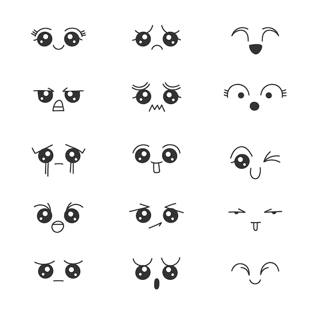 Vector set of cute kawaii expressions cartoon faces set