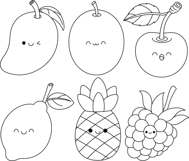 Set of Cute Kawaii Fruit Mango Kiwi Cherry Lemon Raspberry Pineapple Cartoon Coloring Page