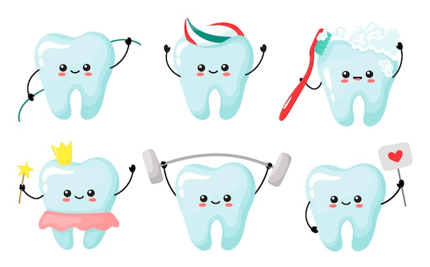 Set of cute kawaii teeth. care notches. vector illustration in cartoon style.