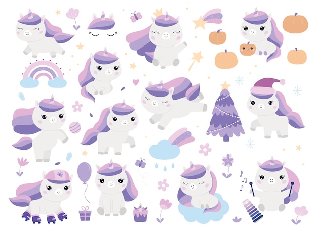 Set of cute kawaii unicorns rainbow clouds and flowers