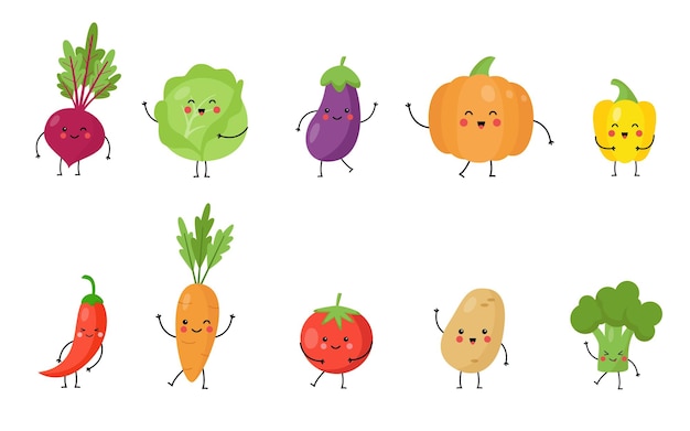 Set of cute kawaii vegetables with funny faces hands and legs