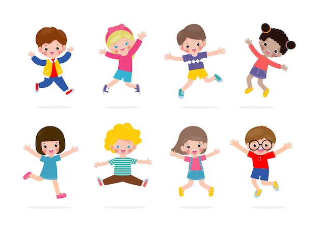 Set of cute kids characters jumping