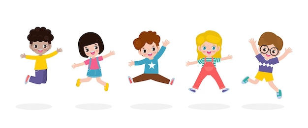 Set of cute kids characters playing and jumping