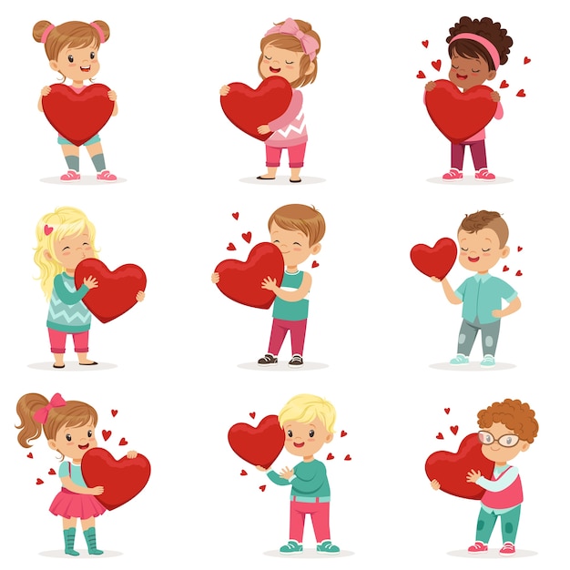 Set of cute kids characters with paper red hearts in hands. Adorable toddlers. Cute cartoon illustration of boys and girls. Children for Valentine s Day cards, poster or print.   on white.