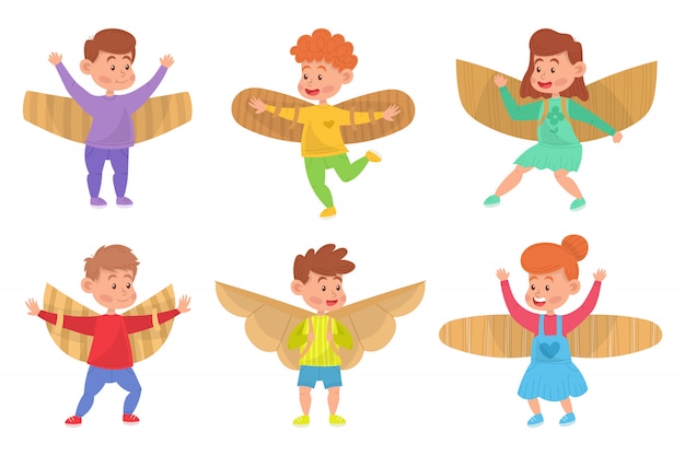 Set of cute kids. Funny boys and girls costume with cardboard and paper wings of an airplane. Characters in various poses and clothes.