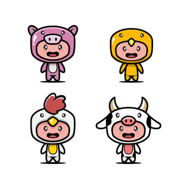 Set of cute kids with animal costume design icon illustration