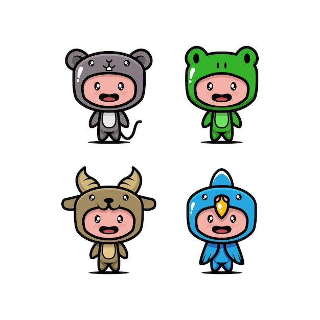 Set of cute kids with animal costume design icon illustration