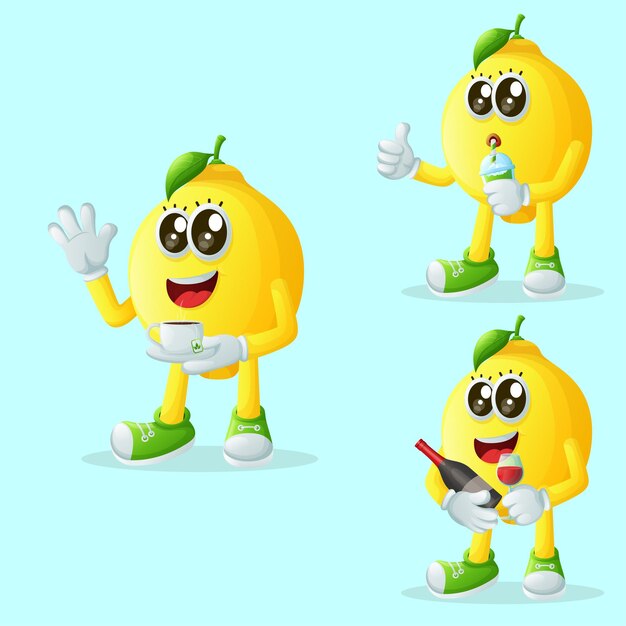 Vector set of cute lemon characters enjoying beverages perfect for kids merchandise and sticker banner