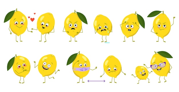 Set of cute lemon characters with emotions faces arms and legs happy or sad heroes citrus fruits pla...