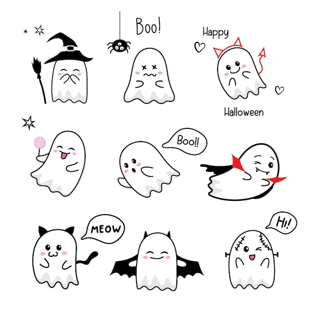 set of cute little ghosts in halloween costumes