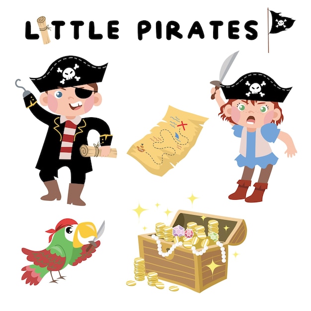 Set of cute little pirates on white background for kids fashion artworks, children books, birthday i