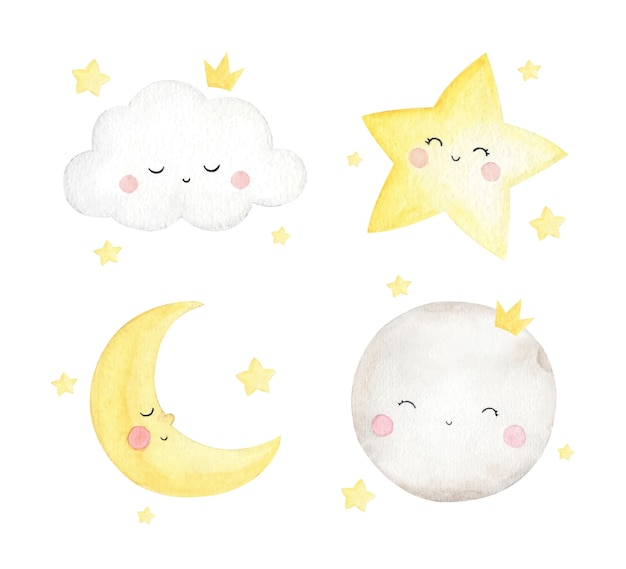 set of Cute little stars and cloud on watercolor