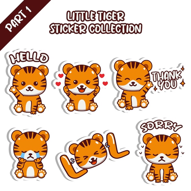 Set of cute little tiger sticker collection hello love thank you cry LOL sorry emoticon