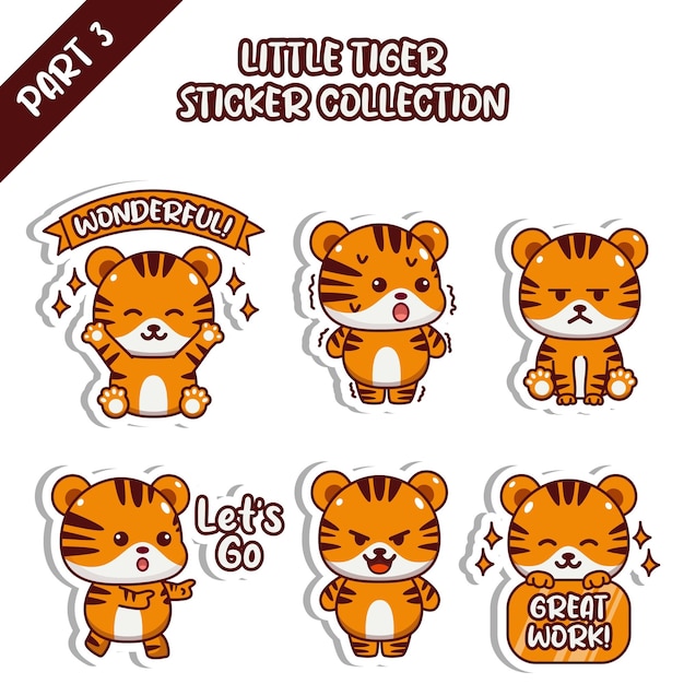 Set of cute little tiger sticker collection wonderful shock lets go great work emoticon