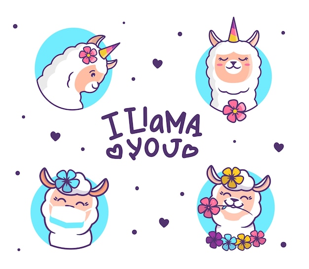 Set of cute llama. Cartoonish animals with flowers, mask.