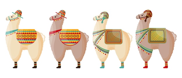 Set of cute llamas in a hat with a saddle, mexican alpaca. Symbol of Mexico and Peru, vector