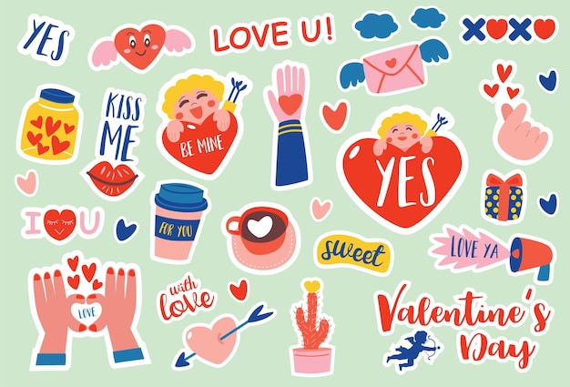 Set of cute love icons stickers, Vector flat illustration.