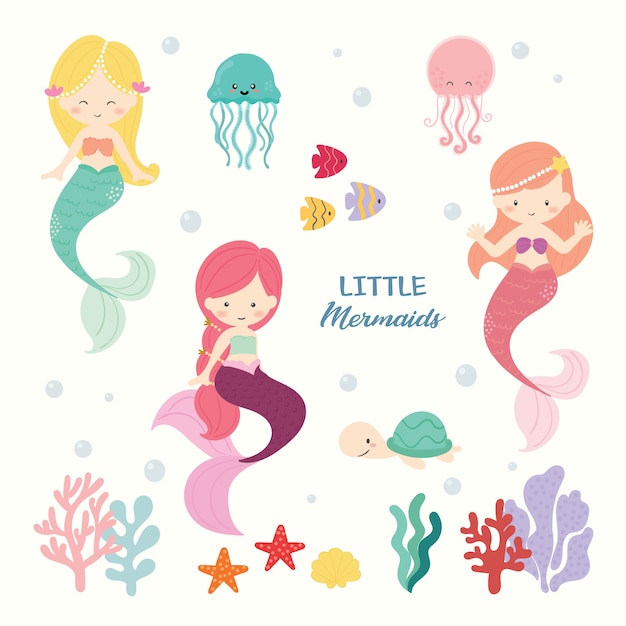 Set of cute mermaid vector.