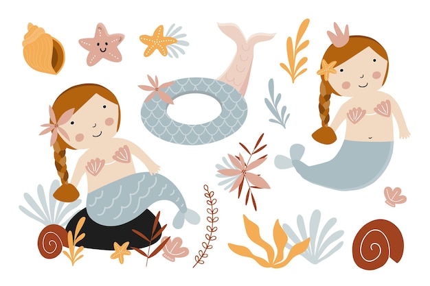 Set of cute mermaids