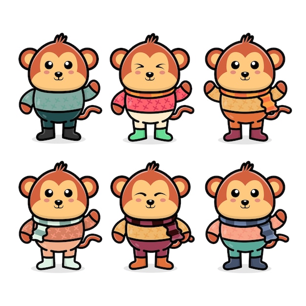 set cute monkey with autumn concept illustration