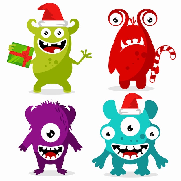 Set of cute monsters character celebrating Christmas