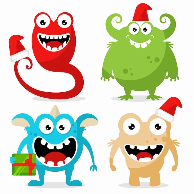 Set of cute monsters character celebrating Christmas