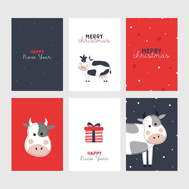 Set of cute New Year cards with cows. Year of the bull. New Year. Merry Christmas.