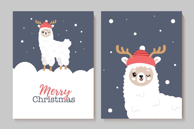 Set of cute New Year cards with llamas