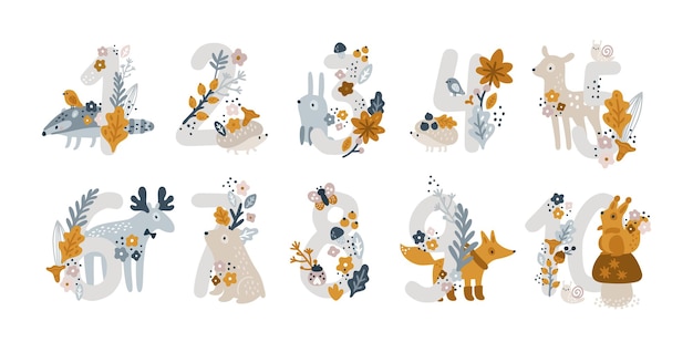 set of cute number characters with cute animals and elements on white background