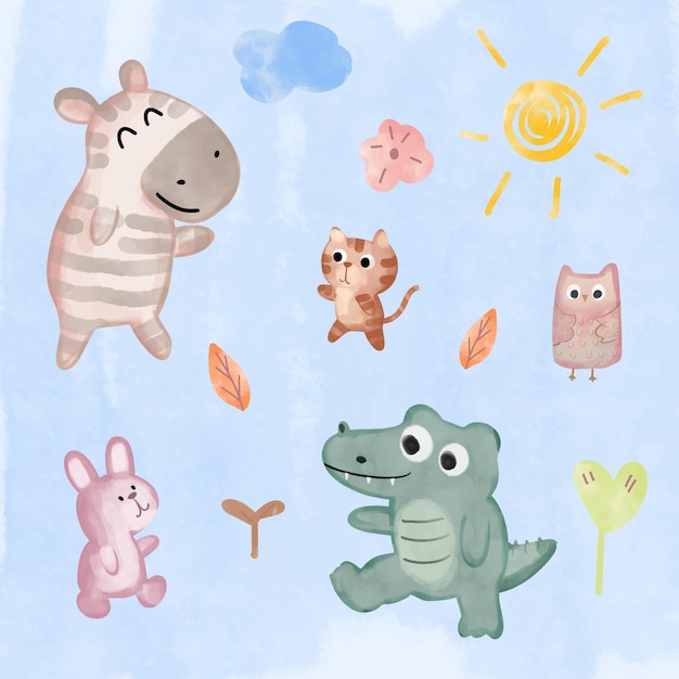 Set of cute nursery watercolor cartoon animals