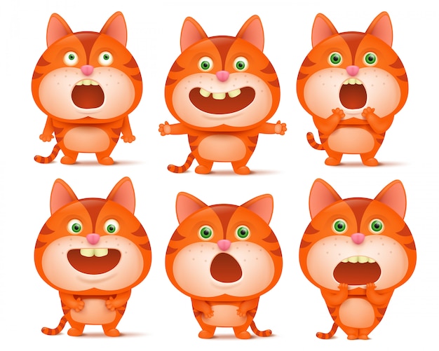 Set of cute orange cat cartoon characters in various poses. 