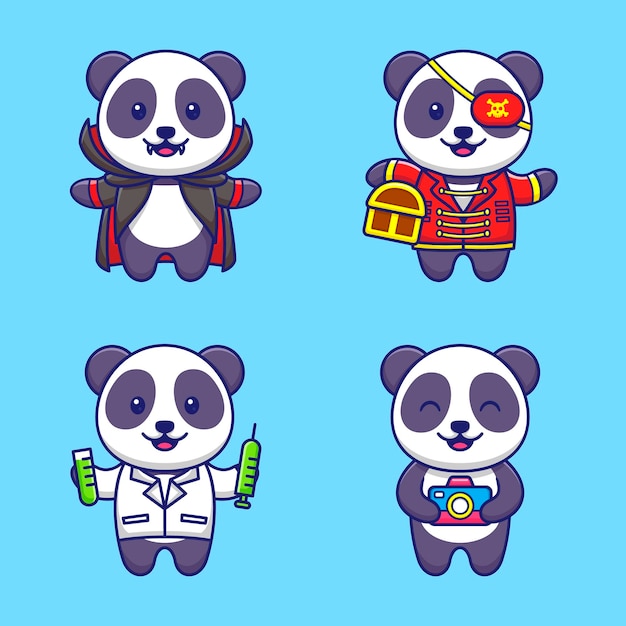 Set of Cute Panda in Different Costume Animal Mascot Cartoon Illustration