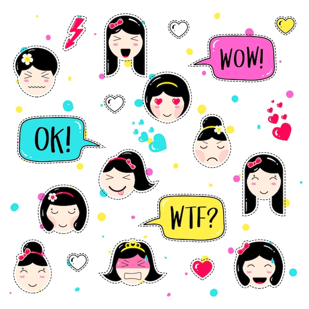 Set of cute patch badges.  Girl emoji with different emotions and hairstyles. Kawaii emoticons, speech bubbles: ok, wow, wtf. Set of stickers, pins in anime style. Isolated vector illustration.