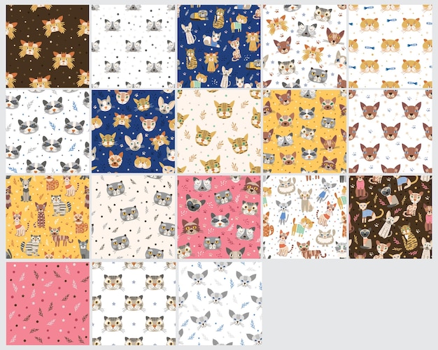 Set of cute patterns with cats Vector illustration