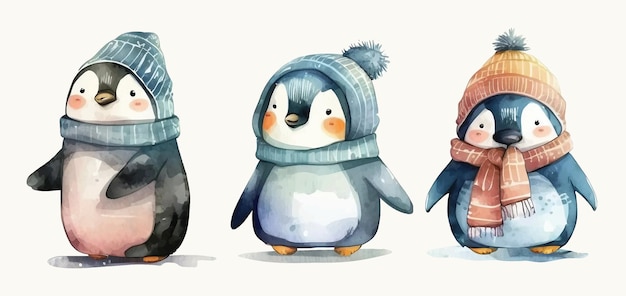 Set of cute penguin vector watercolor hand drawn winter