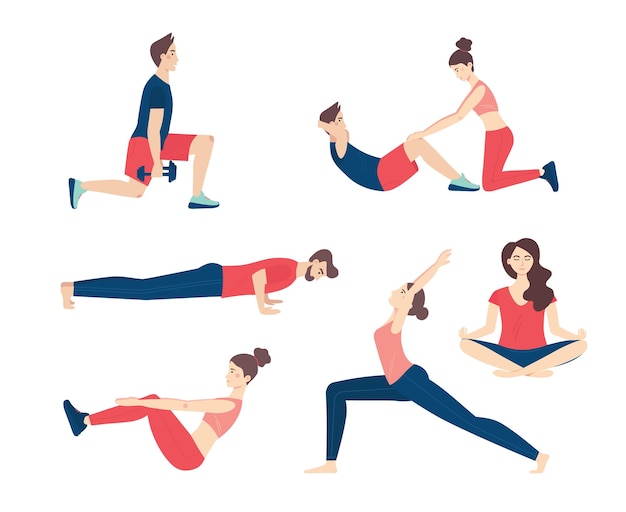 Set of cute people doing fitness and yoga exercises