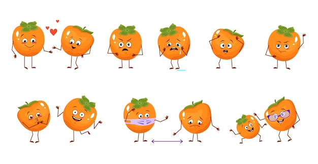 Set of cute persimmon characters with emotions faces arms and legs happy or sad heroes exotic fruits...