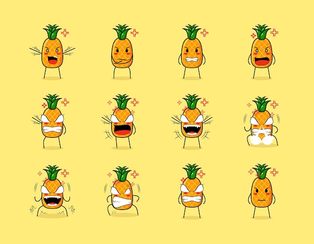 set of cute pineapple cartoon character with angry expressions