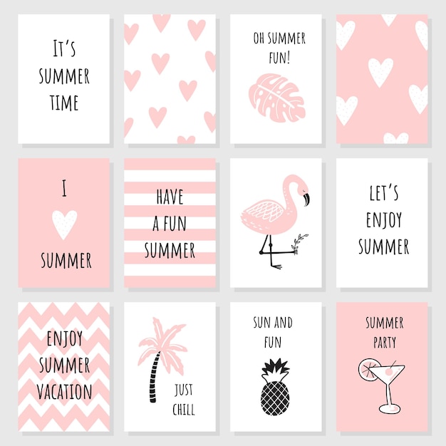 A set of cute pink cards and posters with summer elements