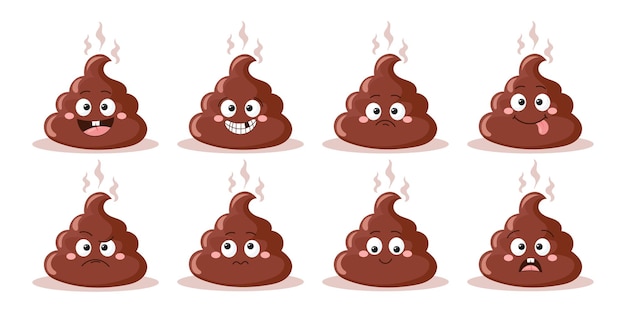 Set of cute poop icon characters on white background Different emotions of brown poop Smiling poop